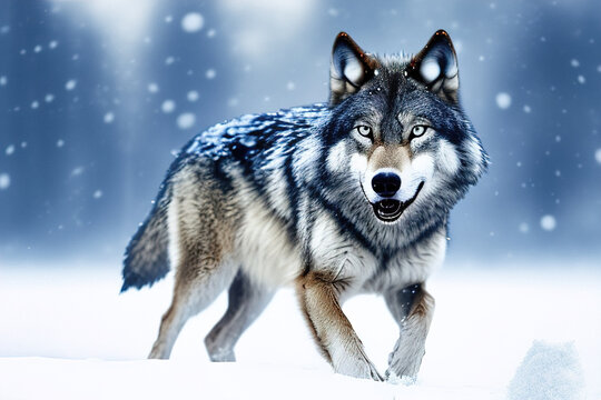 Gray, beautiful, wild Wolf against the background of a winter forest and falling snow. Illustration