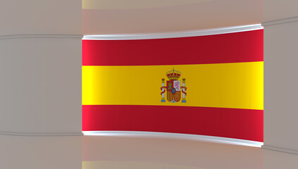 TV studio. Spain. Spanish flag studio. Spanish flag background. News studio. The perfect backdrop for any green screen or chroma key video or photo production. 3d render. 3d