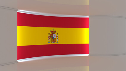 Fototapeta premium TV studio. Spain. Spanish flag studio. Spanish flag background. News studio. The perfect backdrop for any green screen or chroma key video or photo production. 3d render. 3d