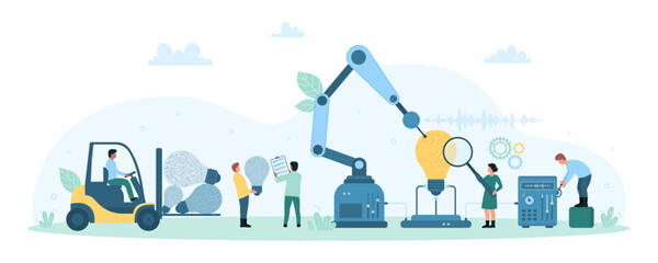 AI, innovation technology to develop creative idea vector illustration. Cartoon tiny people with assistant tech arms work on circuit in light bulb, automation with robot and artificial intelligence