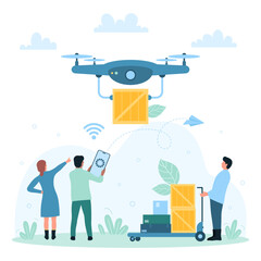 Air cargo, express drone delivery vector illustration. Cartoon tiny people loading parcels from cart, holding mobile phone to control flying courier drone with box, future transportation of goods