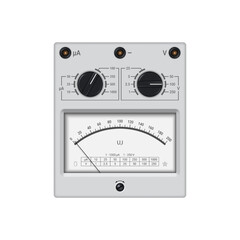 Realistic voltmeter ammeter with pointer dial. Device for measuring voltage and current strength. Vector illustration.