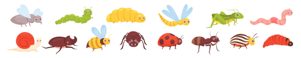 Cartoon colorful funny insect characters isolated on white. Cute insects vector illustration panorama set.