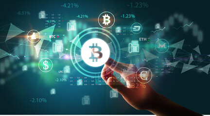 Business person hand pushing currency symbol on multimedia touch screen