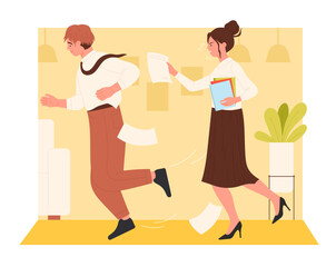 Stress and pressure of inefficient overtime paperwork on manager, poor work organization vector illustration. Cartoon tired office worker running from angry boss or employee with paper documents