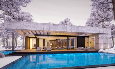 3d rendering of new concrete house in modern style with pool and parking for sale or rent and beautiful landscaping on background. One floor house. Cool winter evening with cozy light from windows