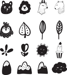 Set of hand drawn forest elements isolated on white background. Black ink line art. Doodle Elements.