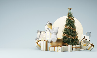 happy new year and merry Christmas winter old town street. Full moon and surrounded by clouds christmas tree and a golden gift box with polar bear. Bright Winter holiday composition. 3d rendering