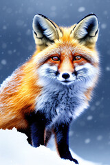 Red-haired cute fairy fox with sweet eyes hides in snowdrifts while playing with falling snow, illustration