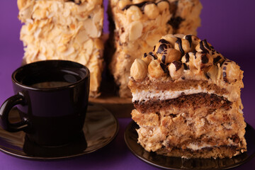 photo of a cut piece of pecan cake and a cup of coffee