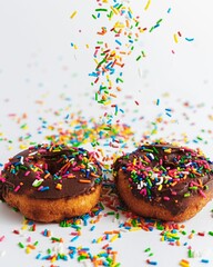 Vertical closeup of chocolate covered donuts getting sprinkled by colorful sprinkles