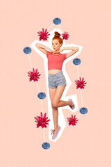 Collage photo of cute jumping redhair youngster lady wear summer style outfit playful like organic fruit blueberry food isolated on pink background