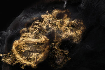 Fototapeta premium Golden sparkling abstract background, luxury black smoke, acrylic paint underwater explosion, cosmic swirling ink