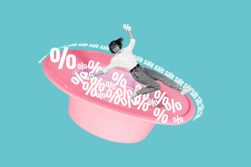 Photo artwork minimal collage picture of funny funky lady falling down big hat full of percentage...