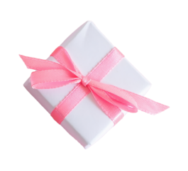 Small white gift box with pink bow, isolated on blank background. Top View.