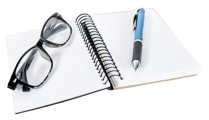 Blank diary, pen and glasses on white or transparent background.
