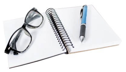 Blank diary, pen and glasses on white or transparent background.