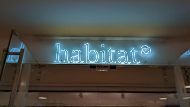 6th October 2022. neon sign logo of Habitat on the brand store front. Habitat Cafom sell Habitat the furniture chain. Habitat makes its comeback in Belgium.
