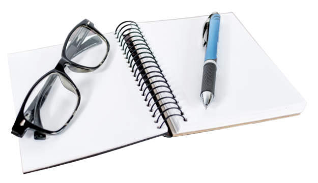 Blank diary, pen and glasses on white or transparent background.
