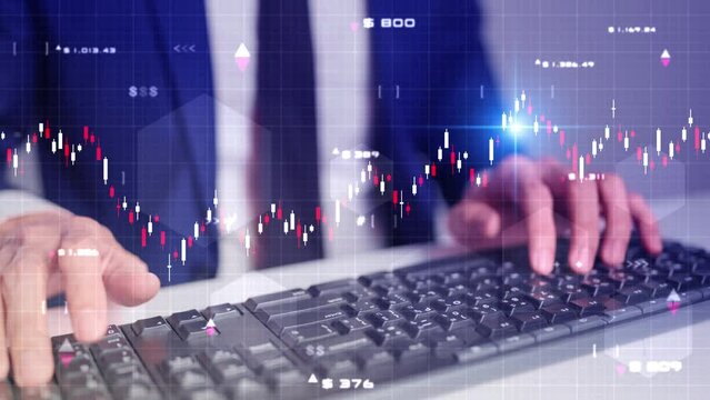 Business man using laptop computer, finance business stock exchange graph chart, crypto, blockchain data analytics report analyzing. business man working on financial report. 