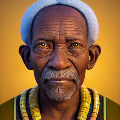 This 3D portrait of an old African man is dressed in a traditional contemporary African costume. 3D illustration.