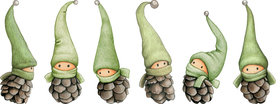 Watercolor Hand Drawn Cute Pinecone Elf