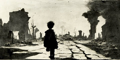 A little boy stands near the wreckage of a bombed out city, searching for his family.