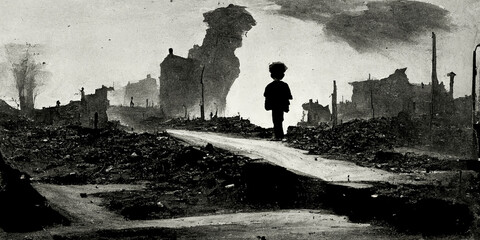 A silhouette of an orphaned child can be seen wandering the streets of his city after a massive bombing and war. The little victim is looking for his family.
