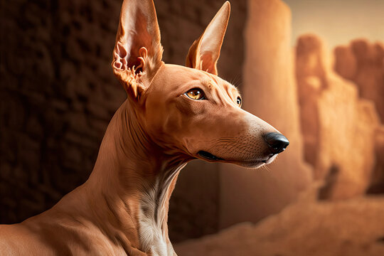 Adorable Pharaoh Hound dog on dark background. Cute dog portrait. Digital art	
