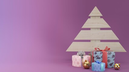 Merry Christmas and happy new year banner with Christmas decoration: colorful balls, purple and red gift box. Xmas holiday greeting card, beautiful Christmas sale poster