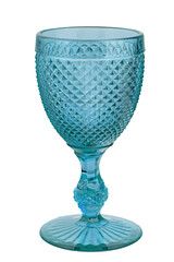 Beautiful empty wine glass isolated on white background. Christmas coloured glass. The shape of the glass is reminiscent of old-fashioned textured dishes.
