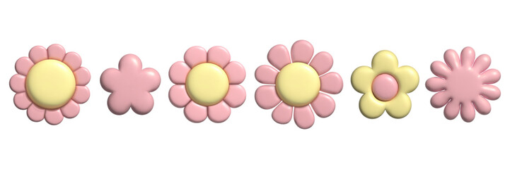 3D pastel flower set. Y2k daisy stickers in trendy plastic style. Vector illustration with plasticine effect isolated on withe background. 3D render.