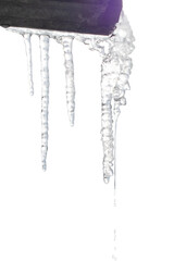 An icicle highlighted on a transparent background. Melting icicle with falling drops of water. PNG - obrazy, fototapety, plakaty