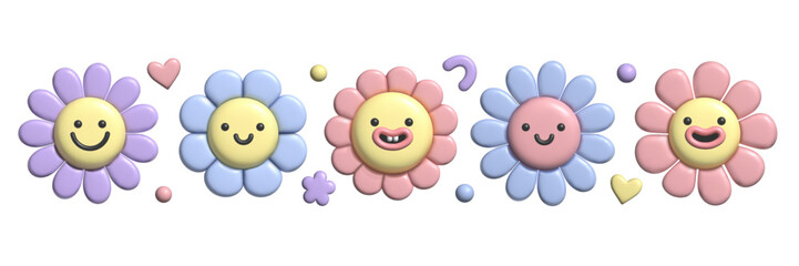 3D pastel flower set. Y2k cute smile daisy stickers in trendy plastic style. Vector illustration with plasticine effect isolated on withe background. 3D render.
