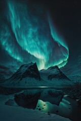 Northern lights in the sky, mountain winter icy landscape covered with snow