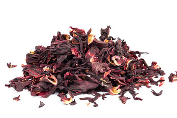 Obraz premium Hibiscus, a pile of red dried Hibiscus tea leaves. Karkade tea. On white background.