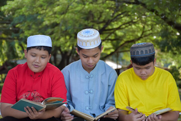 Group of muslim boys sit together under the tree in the school park, they also read, learn, talk, suggest and consult learning problems to each other, soft and selective focus.