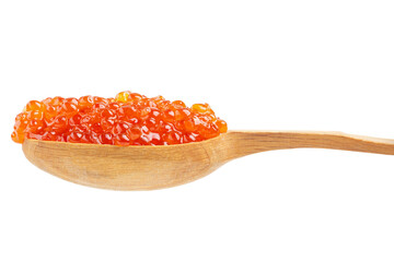 Salmon red caviar in a wooden spoon isolated on white background.  Raw seafood. Luxury delicacy food. File contains clipping path.
