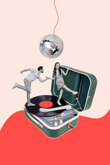 Fototapeta premium Creative abstract collage template graphics image of happy smiling lady guy having fun vintage style party isolated drawing background