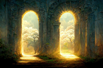 Helles Licht scheint durch ein altes Tor.