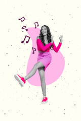 Vertical collage image of excited cheerful girl black white gamma wear pink clothes dancing...
