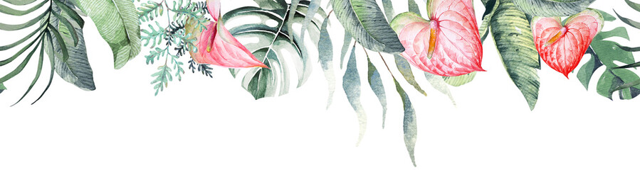 seamless pattern tropical border with watercolor.Tropical leaves,anthurium background.Frame leaves.Botanical background and wallpaper.Perfect for invitation and weddings. - obrazy, fototapety, plakaty