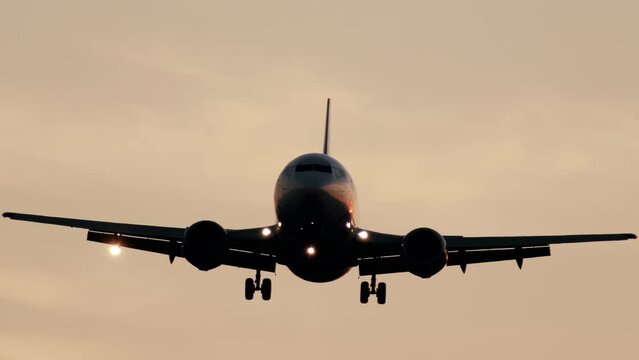 Passenger aircraft landing Close up. Passenger airplane landing towards the runway during sunset. Wheels touchdown close up shot. High quality 4k footage