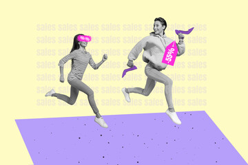 Creative collage picture of two excited positive black white effect girls running limited time only deal isolated on painted background