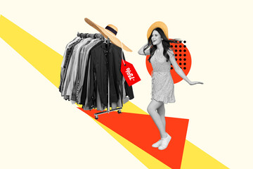 Creative collage image of excited girl black white gamma sale special offer deal clothes rack...