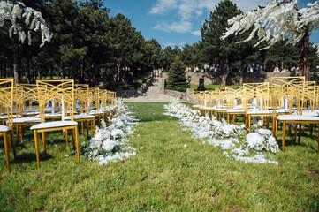 Premium arch for wedding ceremony for newlyweds on the river bank with wisteria trees