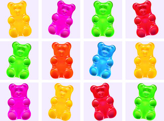 cute colored cartoon gummy bears.  bright jelly candies set of rainbow colors. greeting card. isolated vector illustration.