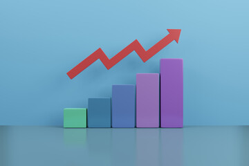business graph showing growth, with arrow red on blue background business concept, 3d rendering