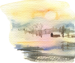 Watercolor illustration of a warm winter sunset, a house on the shore of a frozen lake