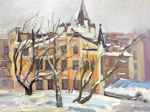 Original oil painting. Winter Square. Winter landscape. Interior painting. Modern art 